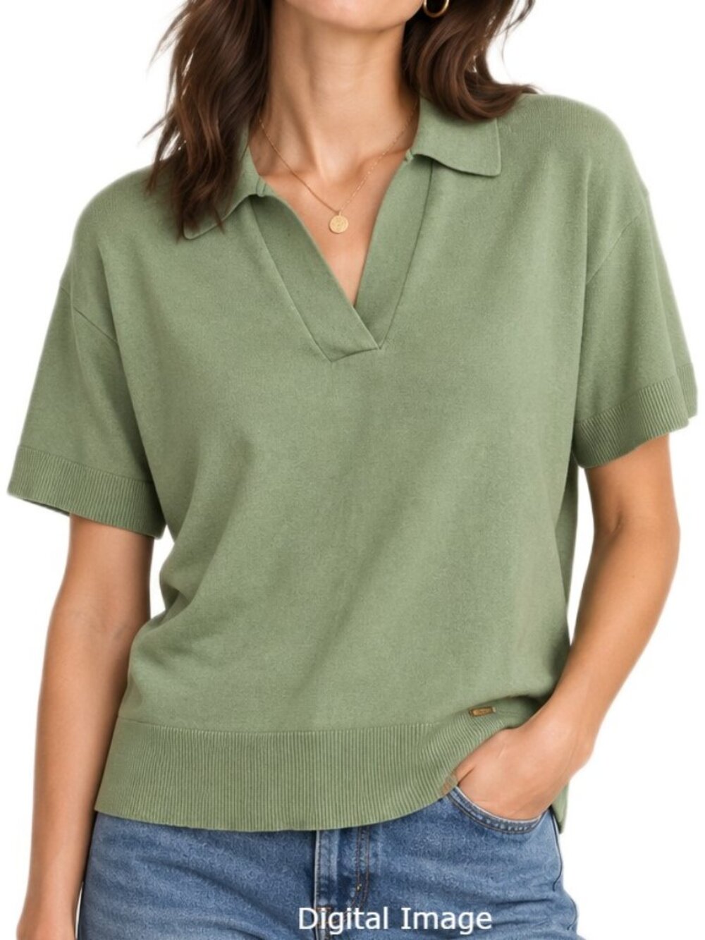 Jones New York Signature Womens Sweater Small Olive Green Knit Polo Top